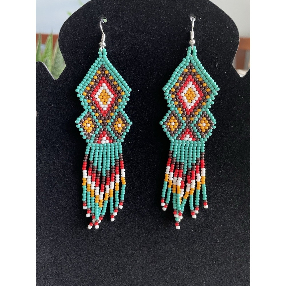 Handmade Southwestern Beaded Earrings Geometric Fringe Boho Statement Hippie New